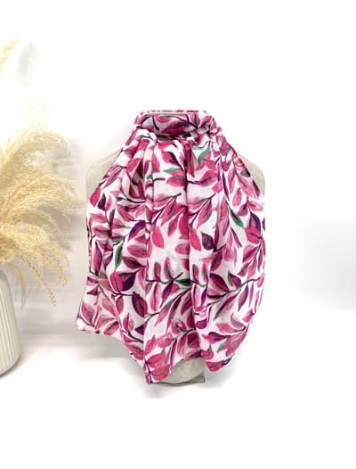 Lange dames sjaal Feline-bladerenmotief-roze fuchsia paars groen wit