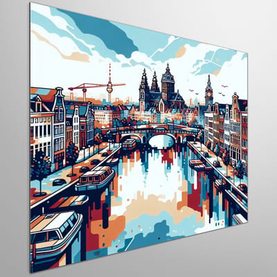 Acryl amsterdam schilderij | Vibrant Cityscape: A Fusion of Acrylic Art in Amsterdam | Kunst - 30x30 centimeter op Dibond | Foto op Dibond