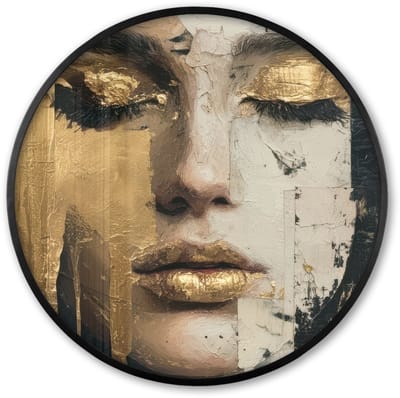 Poster in lijst Rond - Fotolijst 60x60 cm - Posters - Abstract - Goud - Gezicht - Lippen - Ronde posterlijst zwart - Decoratie - Wanddecoratie woonkamer - Muurdecoratie slaapkamer