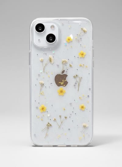 Iphone 15 telefoonhoesje - gedroogde bloemetjes - geel