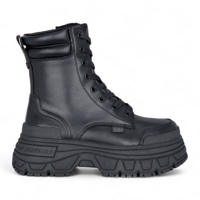 Buffalo Dames Zwarte Chunky Platform Veterschoenen Mid High Combat Boots - Fusion