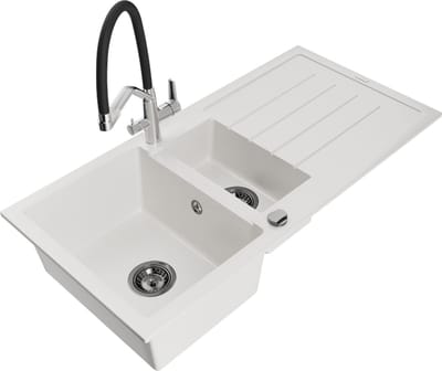 Mexen Andres granieten spoelbak 1,5-compartiment met afdruiprek en keukenkraan Duo, wit - 6515-20-671701-07-B