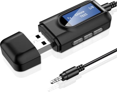QTTVBTNA -USB Bluetooth Adapter Audio voor TV – 2-in-1 Bluetooth 5.0 Zender & Ontvanger, Draadloze Audio via 3,5 mm AUX voor Speakers, Auto en PC