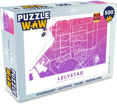Puzzel Stadskaart - Lelystad - Paars - Nederland - Legpuzzel - Puzzel 500 stukjes - Plattegrond