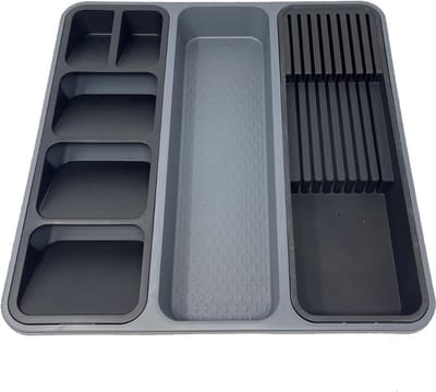 Nevolis Bestekbak 7 compartimenten bestekorganizer kunststof lade-organizer voor thuis keuken kantoor antislip gebruiksvoorwerpen lade voor lepel vorkmes (grijs/zwart) .