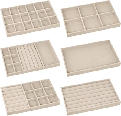 6 Stuks Velvet Sieraden Tray, Stapelbare Organiser voor Ringen, Oorbellen en Kettingen - Beige Sieradenopslag en Display
