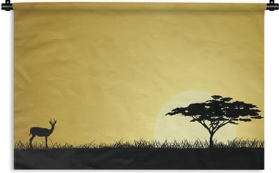 Wandkleed Afrika illustratie - Illustratie van een zonsondergang bij een Afrikaanse safari Wandkleed katoen 180x120 cm - Wandtapijt met foto XXL / Groot formaat!