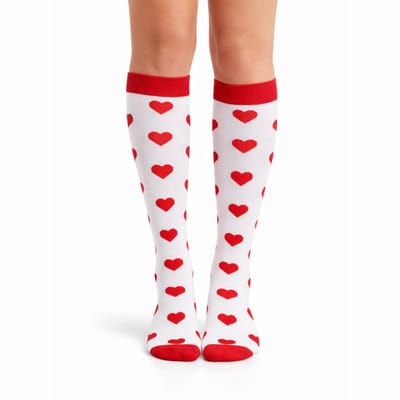 MoodLux Kniekousen Dames - Nylon Sokken - Ademend & Comfortabel - Wit met Rode Hartjes - 2 Paar - Maat S/M