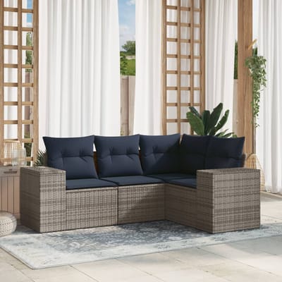 vidaXL - 4-delige - tuinbankset - met - kussens, - grijs - polyrotan