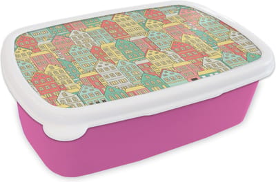 Broodtrommel Roze - Lunchbox - Brooddoos - Huis - Patronen - Pastel - 18x12x6 cm - Kinderen - Meisje