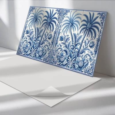 Wallfluent Vinyl Wandpaneel - Tropisch plantenpatroon Zelfklevend Muurpaneel - 100 cm x 50 cm - Blauw Vinyl Wandpaneel - 1 stuk - Rechthoekig Wandbekleding Vinyl - Bloemen en planten Wandpaneel - Vinyl Wandbekleding - Wandpaneel Keuken en Badkamer