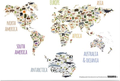 Educatieve poster (Posterpapier) - Topografie wereld grote dieren - 42 x 29.7 cm (A3)