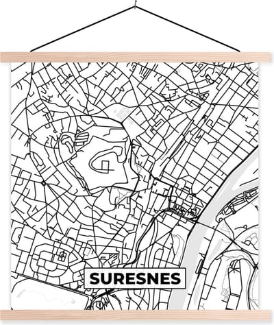 Posterhanger incl. Poster 40x40 cm - Schoolplaat - Frankrijk – Plattegrond – Stadskaart – Suresnes - Kaart - Zwart wit - Textielposter - Blanke latten - Stadskaart