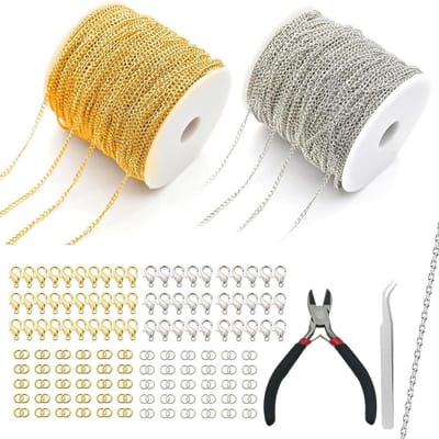 2 Rollen 10 m Link Chain in Goud en Zilver, 2.4 mm, Voor Handwerk, Sieraden en Kettingen met 60 Kreeftsluitingen en 120 Ringen, Inclusief Kleine Tang voor Sieraden