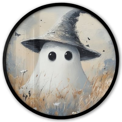 Poster in lijst Rond - Fotolijst 40x40 cm - Posters - Halloween - Spook - Heksenhoed - Abstract - Grijs - Ronde posterlijst zwart - Decoratie - Wanddecoratie woonkamer - Muurdecoratie slaapkamer