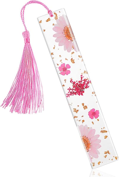 Gepersonaliseerde boekenlegger met gedroogde bloemen en kwastjes, uniek cadeau voor lezers en studenten, perfect voor festivals en boekenliefhebbers (lichtroze)