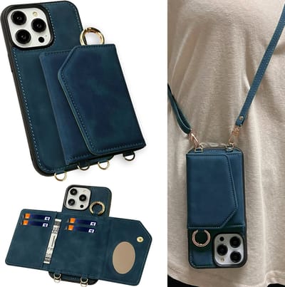 Casemania Hoesje Geschikt voor Apple iPhone 16 Pro - Navy Blue - Luxe Telefoonhoes met Koord - Wallet Case met Spiegeltje en Pasjeshouder - Crossbody Draagbaar Alles-in-één Back Cover