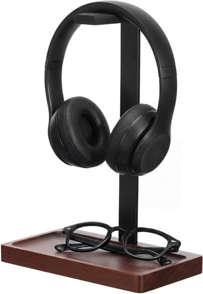 Hoofdtelefoon Houder - Desktop Stand - Bureau Organisatie - Geïntegreerde Opbergbak - 28.5 x 12.5 cm - Zwart Walnoot