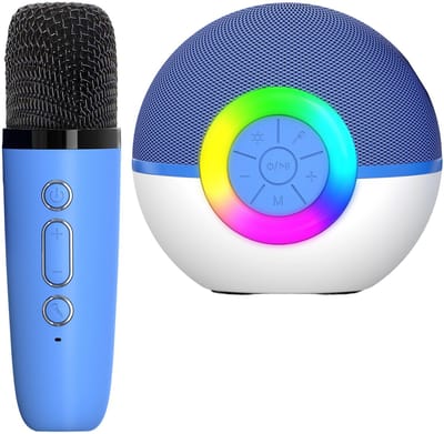 QTTVBTNA - Karaoke Set voor Kinderen - Draadloze Bluetooth Speaker met 1 Microfoons - Met Feestelijke Lichtjes - Ideaal Cadeau voor Verjaardag, Sinterklaas, Kerstmis, Schoolfeest of Als Verrassingscadeau - Blauw