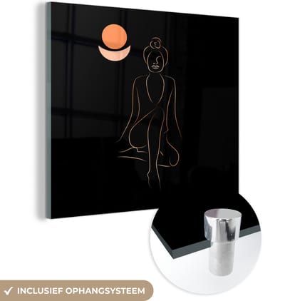 MuchoWow® Glasschilderij 50x50 cm - Schilderij acrylglas - Vrouw - Line art - Goud - Foto op glas - Schilderijen