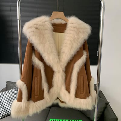 Manteau en fourrure de renard à grand col en fourrure d'oie à la mode pour femme, veste en fourrure mince et jeune S gray