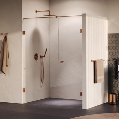 Brauer Void - Carving Nisdeur - 2-Delig - Helder Glas - 150 x 200 cm - Omkeerbaar - met Draaideur 70 cm - Aan Muur - incl. Glascoating - PVD Koper Geborsteld
