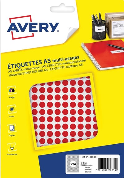 Etiket Avery A5 8mm rond      blister 2940st rood