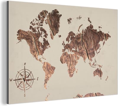 Wanddecoratie Metaal - Aluminium Schilderij Industrieel - Wereldkaart - Hout - Windroos - 120x80 cm - Dibond - Foto op aluminium - Industriële muurdecoratie - Voor de woonkamer/slaapkamer