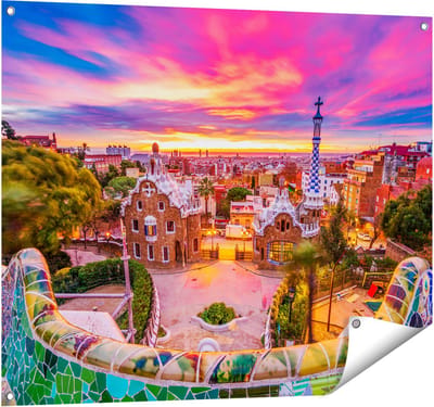 Gards Tuinposter Park G�ell Uitzicht op Barcelona - 100x80 cm - Tuindoek - Tuindecoratie - Wanddecoratie buiten - Tuinschilderij