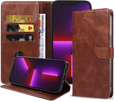 Geschikt voor iPhone 13 Pro Telefoonhoesje Kunstleer met Magnetisch lipje en Pasjeshouder Book Case met Klepje - Donkerbruin - Smartphonica geschikt voor iPhone 13 Pro