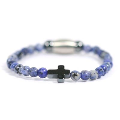 IbizaMen KIDS- jongens - armband - edelsteen - agaat - blauw - 4mm - hematiet kruisje - 16cm
