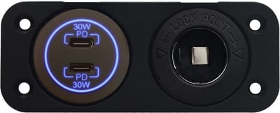 ProRide 12-24V USB C Autolader 2 Poorten Inbouw - 30W+30W - Sigarettenaansteker - Tweevoudig Paneel - Blauw