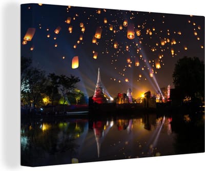Tempel festival fair in Azie Canvas 90x60 cm - Foto print op Canvas schilderij (Wanddecoratie woonkamer / slaapkamer)