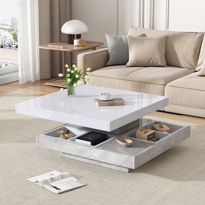 Sweiko Salontafel - Hoogglans tafelblad - 360° draaibaar - Met opbergvak - Wit + grijs