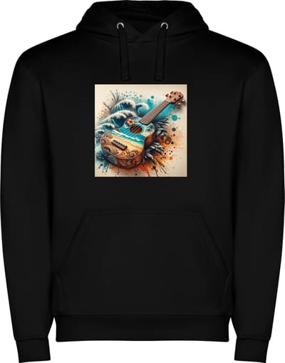Zwarte unisex hoodie met “ Kleurrijke Gitaar – Strand – Muziek – Zomer “ Print Full Color Color merk Roly maat S