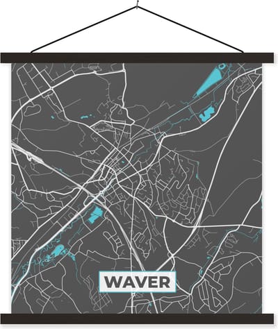 Posterhanger incl. Poster 60x60 cm - Schoolplaat - België – Waver – Stadskaart – Kaart – Blauw – Plattegrond - Textielposter - Zwarte latten - Stadskaart