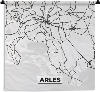 Wandkleed - Wanddoek - Stadskaart – Frankrijk – Arles - Kaart – Plattegrond - Zwart wit - 180x180 cm - Wandtapijt