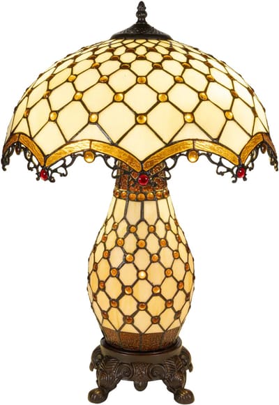 Tiffany tafellamp ruitpatroon - Crème-Amber - Ø 41 cm - Glas in lood - Warm licht - Verlichte voet - Sierlijk | RORUVERA