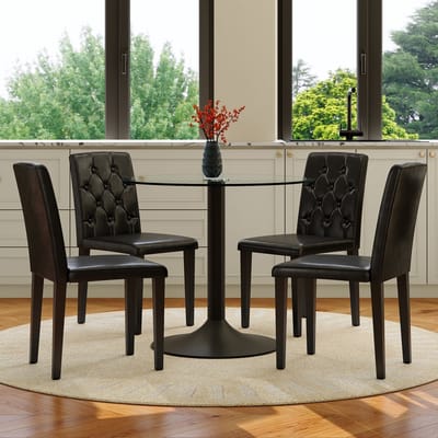 MIVRAY Eethoek Set 85 cm - Ronde Glazen Tafel met 4 Stoelen - Voor Eethoek en Bar - Metaal, Kunstleer - Zwart Transparant