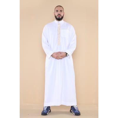 Mens witte Thobe Jubba Emirati islamitische Arabische Eid borduurwerk Kaftan Jubbah gewaad