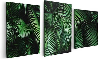Artaza Canvas Schilderij Drieluik Tropische Palm Bladeren - Groen - 120x60 cm - Wanddecoratie Woonkamer - Schilderijen - Muurdecoratie
