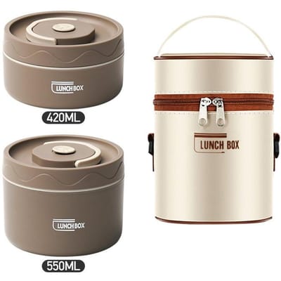 Magnetronbestendige Draagbare Geïsoleerde Voedselcontainer Lunchbox Roestvrijstalen Bento Box Geïsoleerd Lekvrij Thermische Lunchtas Set 420ml and 550ml&Microwave oven style beige