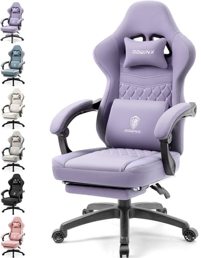 Dowinx Gamingstoel van Stof - Met Hoofdsteun, Massage Lendenkussen en Voetensteun - Bureaustoel met Pocketvering - Ergonomische Gamestoel - Lila