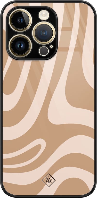 Casimoda® hoesje - Geschikt voor iPhone 14 Pro Max - Abstract Swirl Beige - Luxe Hard Case Zwart - Backcover telefoonhoesje - Bruin/beige