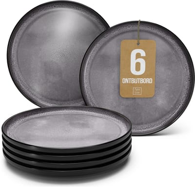 Pure Living Ibiza Dark Set Van 6 Dessertborden - Ø 20 cm - Grijs - Aardewerk - Vaatwasserbestendig - Magnetronbestendig