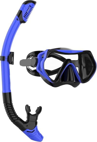 Snorkelset voor volwassenen – Snorkelmaskerset met 180-graden gezichtsveld, gehard glas en anticondens – Snorkel met droogtop voor zwemmen en duiken – Duikmasker voor heren en dames（Blauw）