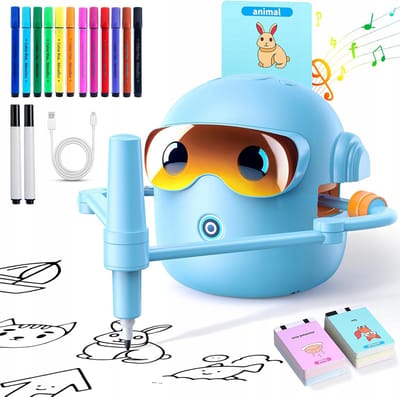 Supvox Interactieve Tekenrobot voor Kinderen - Educatieve Set met 100 Kaarten & 14 Stiften | Leren Tekenen, Vormen & Cijfers voor 3+ Jaar (Blauw)