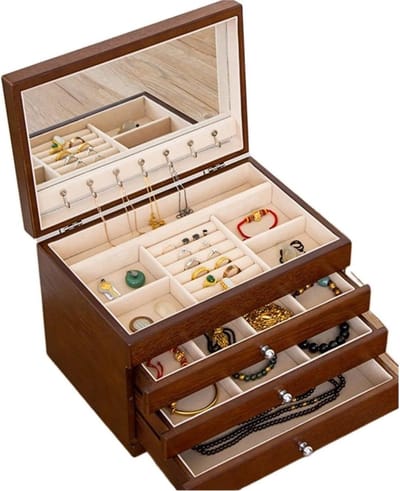 Sieradendoos met slot - Opbergdoos organizer - Sieraden opbergen - 4 Lades fluweel - 36x36x26 cm - Bruin