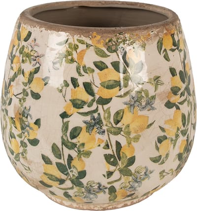 Keramiek Bloempot voor Binnen – Beige Citroenen – Rustieke Pot – Ø 18 cm – Citroenenmotief