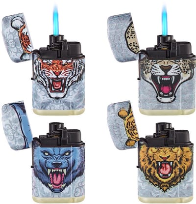 4x Turbo jet flame aanstekers met Wild Animal print - tegen wind - navulbaar